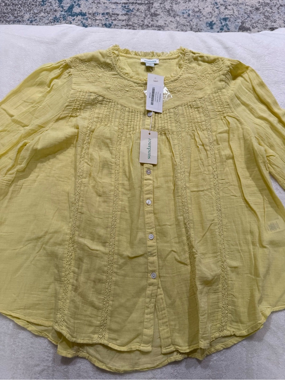 Sundance buttery yellow button blouse pintuck detailing embroidery $118 E04